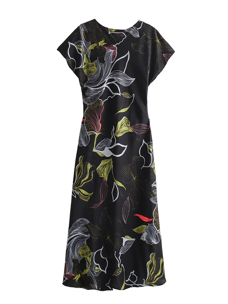 Summer Dresses For Women Short Sleeve V Neck Front Wrap Slit Satin Dress Side Gathered Vintage Print Office Elegant Midi Dress