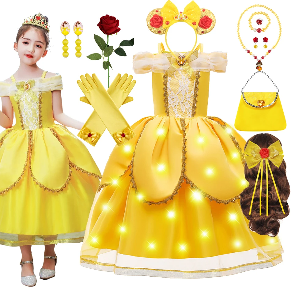 Vestido de princesa bella LED para Halloween, fiesta de cumpleaños de malla para traje de baile, Carnaval de Navidad, ropa en capas para niña