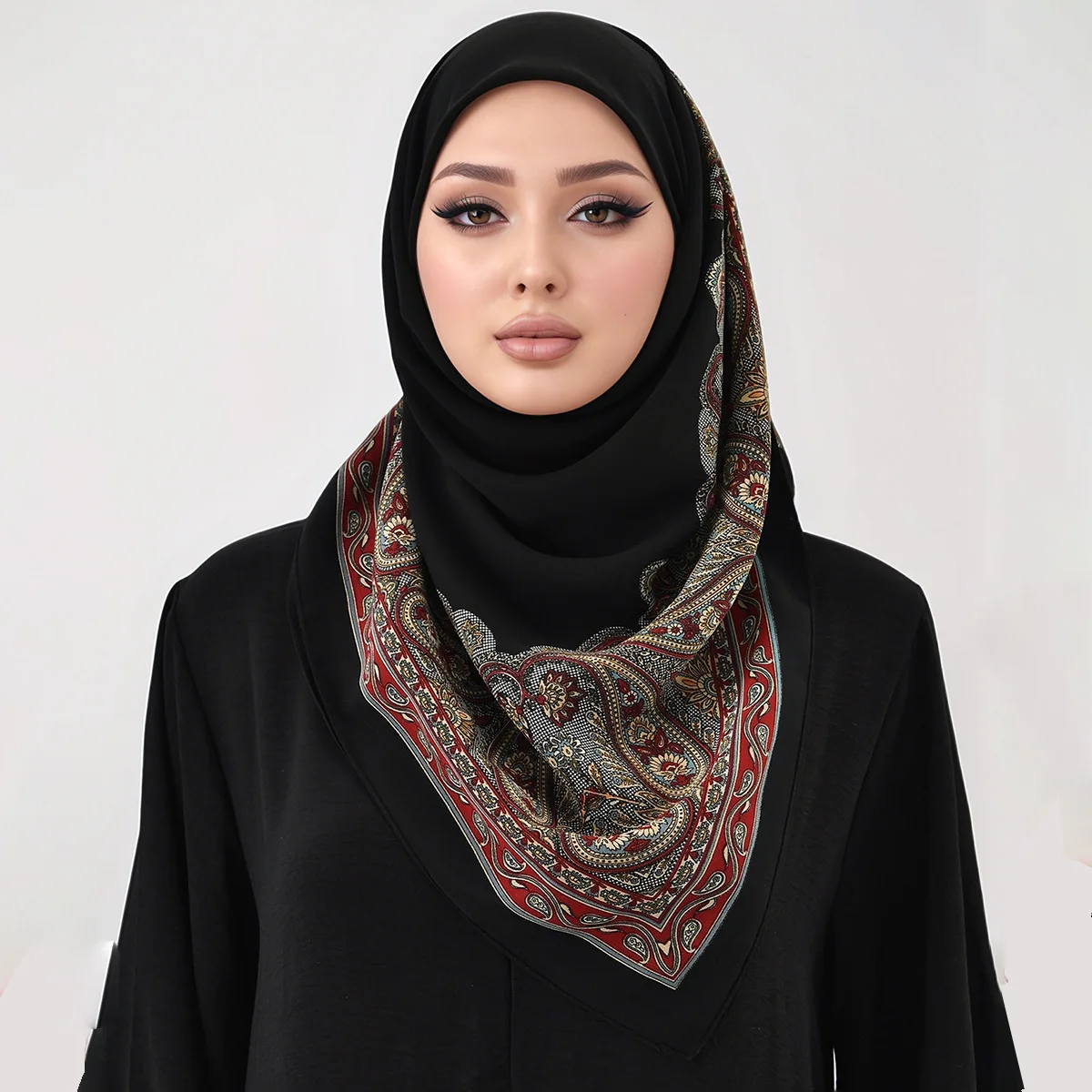 French Vintage Paisley Border Crystal Chiffon 110cm Versatile Square Scarf for Women, Spring Summer Fashion Decorative Shawl