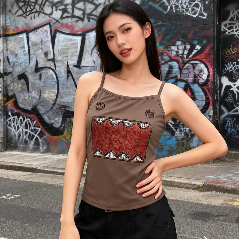 Street Fashion Personality America Summer Animation Scald drill Sleeveless Backless Slim Camisole Vest Casual Crop Top Women's
