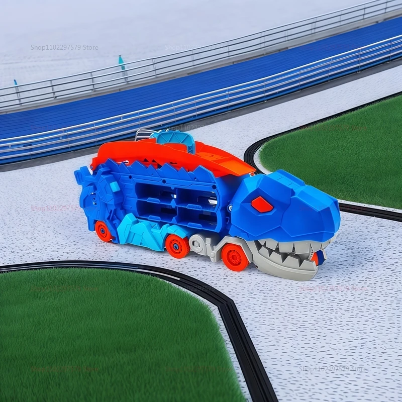 Dinosaur Transformed Dinosaur with Foldable Sliding Race Track Toy with 4 Diecast into Standing T-rex Racing Cars for Kids Gifts