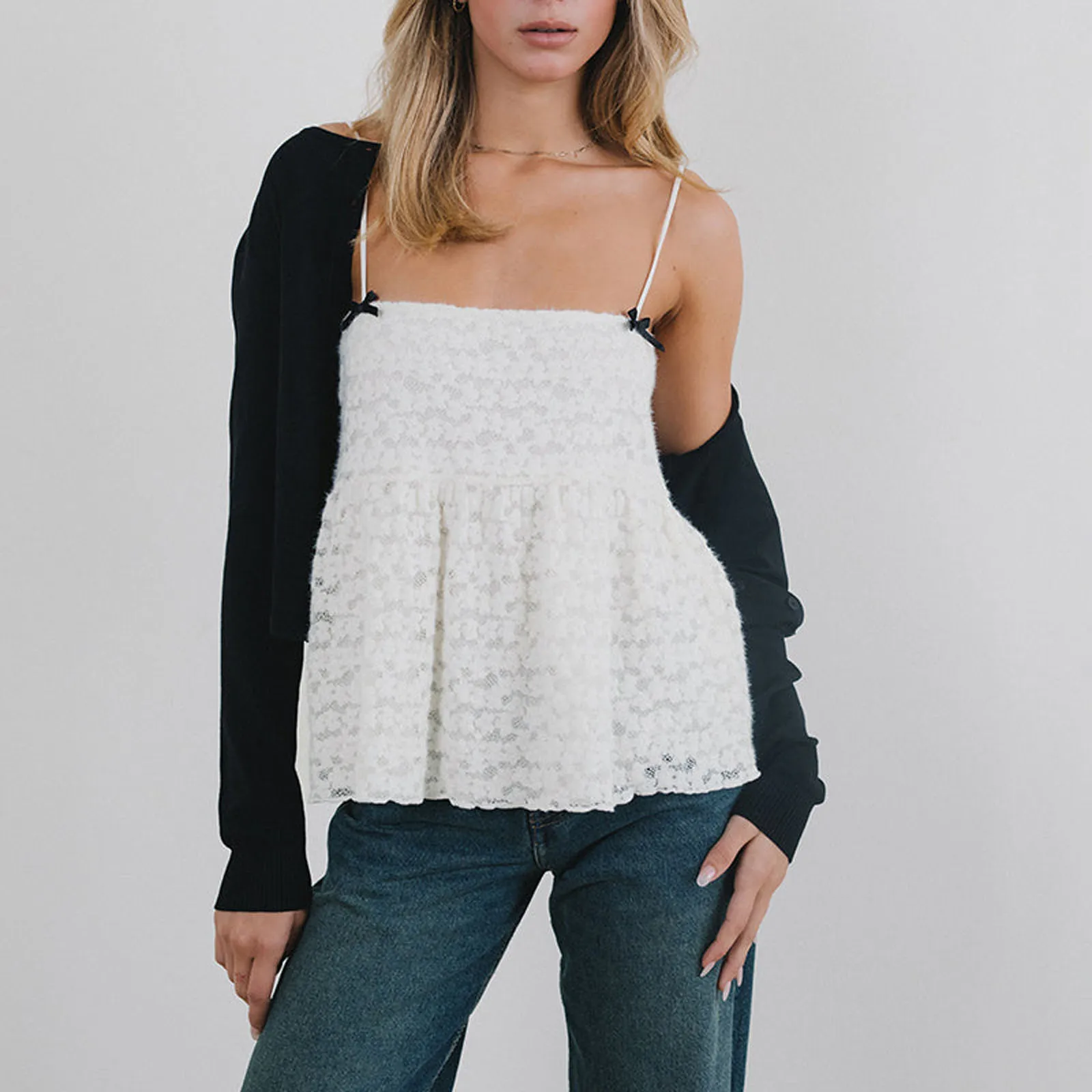 Women's Solid Color Lace Camisole 3D Bow Square Neck Spaghetti Strap Backless Babydoll Tops Casual Summer Streetwear image 4