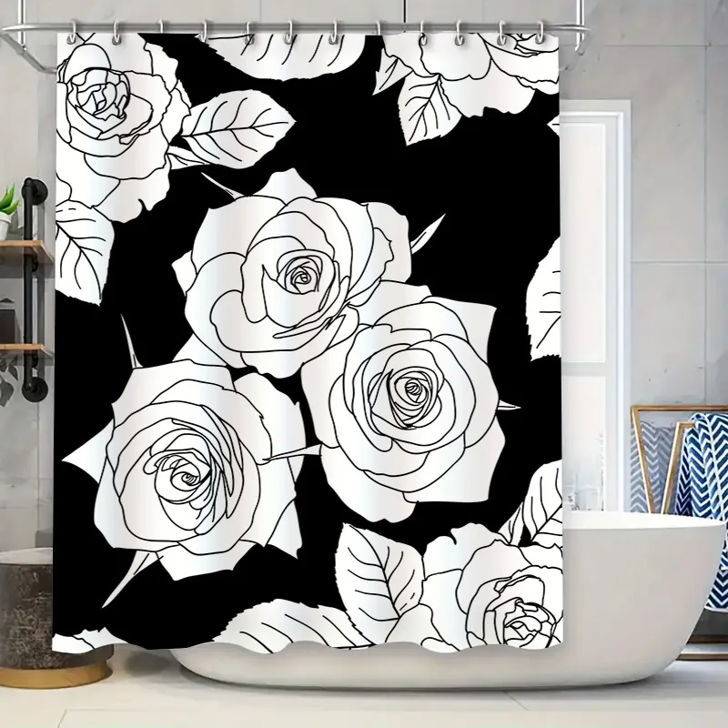 

White Floral Shower Curtain Set Black Background with Rose Design for Bathroom Decor Waterproof Fabric Perfect Gift Idea