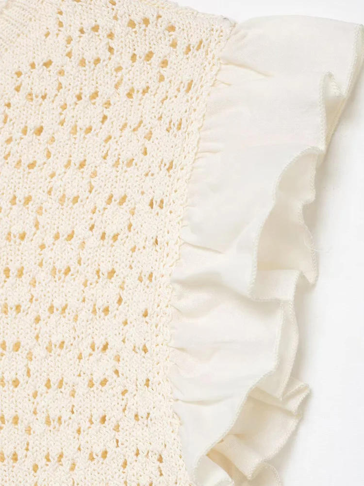 

Hollow Out Knit Shirt Women Fashion Solid O-neck Ruffle Sleeve Crochet Cropped Vest 2026 Summer Lady High Street Tops