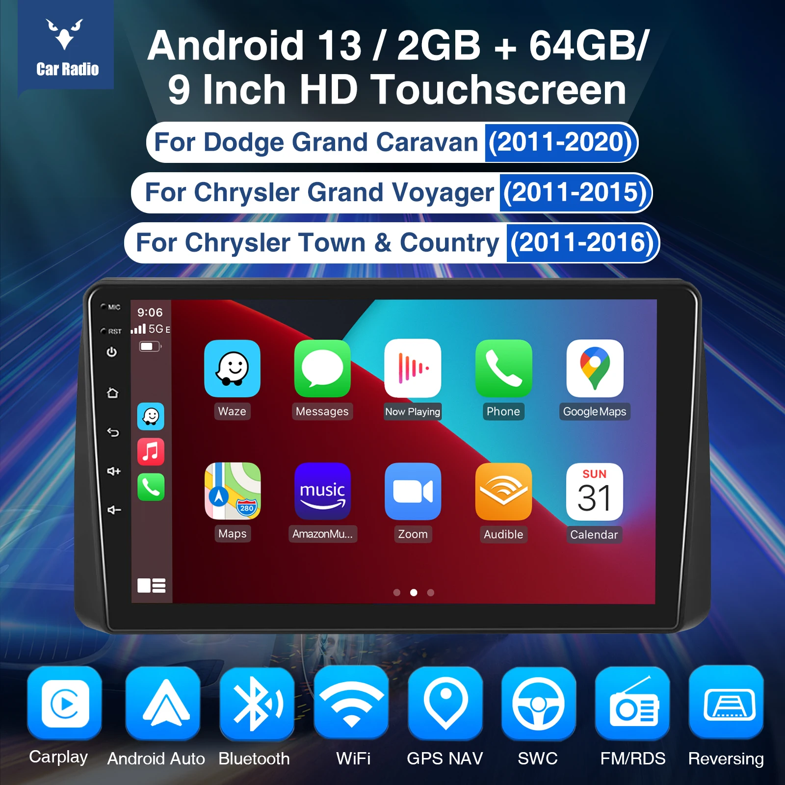 ESSGOO 2 DIN 9 นิ้ว สำหรับรถ Dodge Grand Caravan ปี 2011-2020 รองรับ Carplay และ Android Auto เครื่องเสียงติดรถยนต์พร้อมระบบนำทาง GPS วิทยุ มัลติมีเดีย เครื่องเล่นวิดีโอ WiFi และ FM