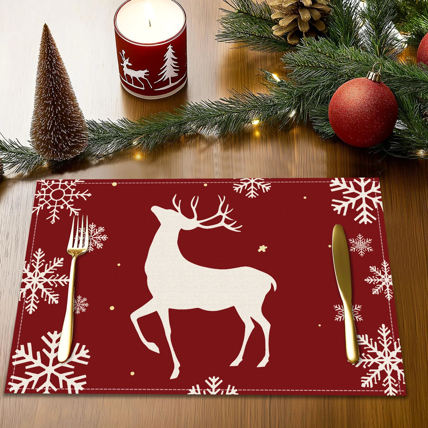 1/4/6pcs Christmas placemat 12x18 inches, party decoration placemat, snowflake reindeer print insulated decorative table mat