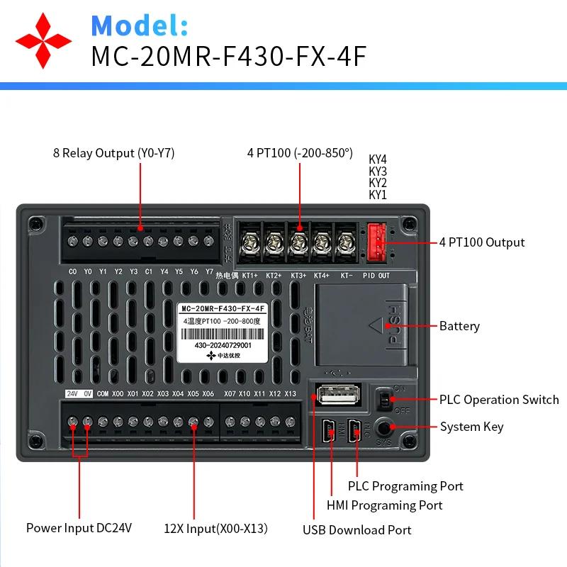4.3 Inch HMI PLC All-In-One with Built-In K-type Thermocouple 0-1300° and PT100 Sensors -200-850° PID Temperature Controller