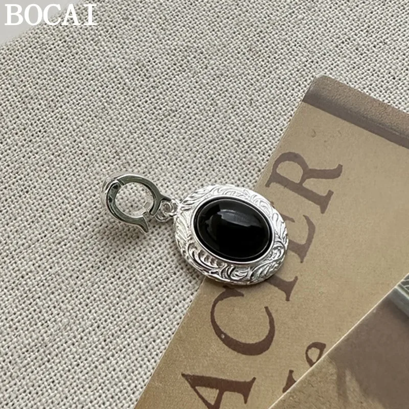 

Новый кулон BOCAI из чистого серебра S925 с текстурой травы и черным агатом, простой и модный, для женщин, идеальный подарок