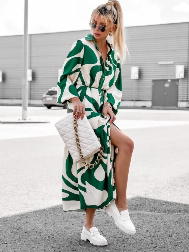 Woman's Casual Print Long Dress Autumn Female Fashion Turn-down Collar Long Sleeve Button Shirt Dresses Ladies Lace-up Vestido