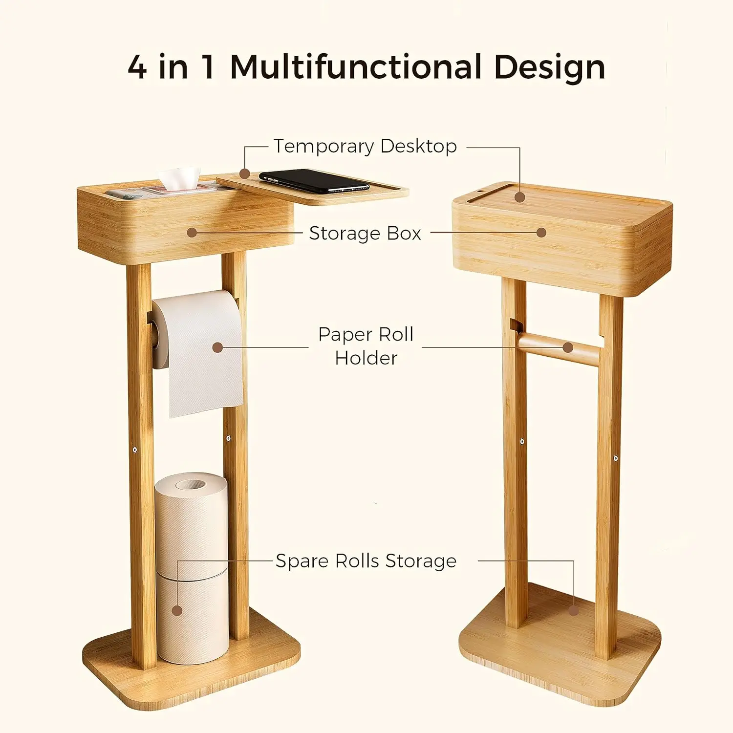 Toilet Paper Holder Stand with Storage Shelf Box, 360° Rotating Bamboo Free Standing Toilet Tissue Roll, Toilet Wipes Dispenser