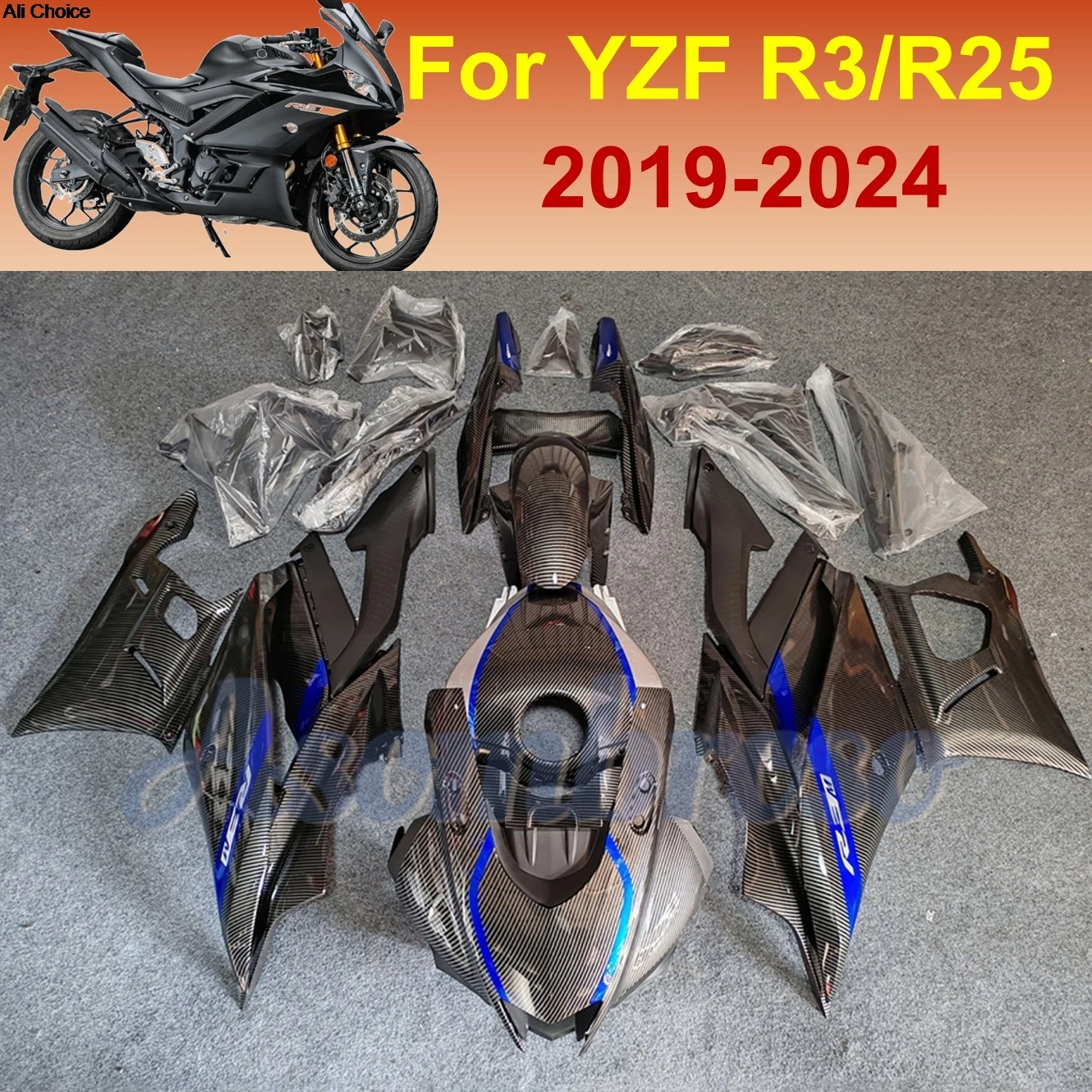 Carbon Fiber Look Fairing Kit for Yamaha 2019 2020 2021 2022 2023 2024 YZFR3 YZF-R25 YZFR3/R25 ABS Injection Body