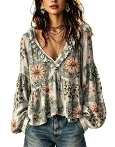 Blusa de outono com decote em V, camisa de manga comprida para mulher, blusa de primavera, peça casual, elegante, moderna, para usar no dia a dia e em
