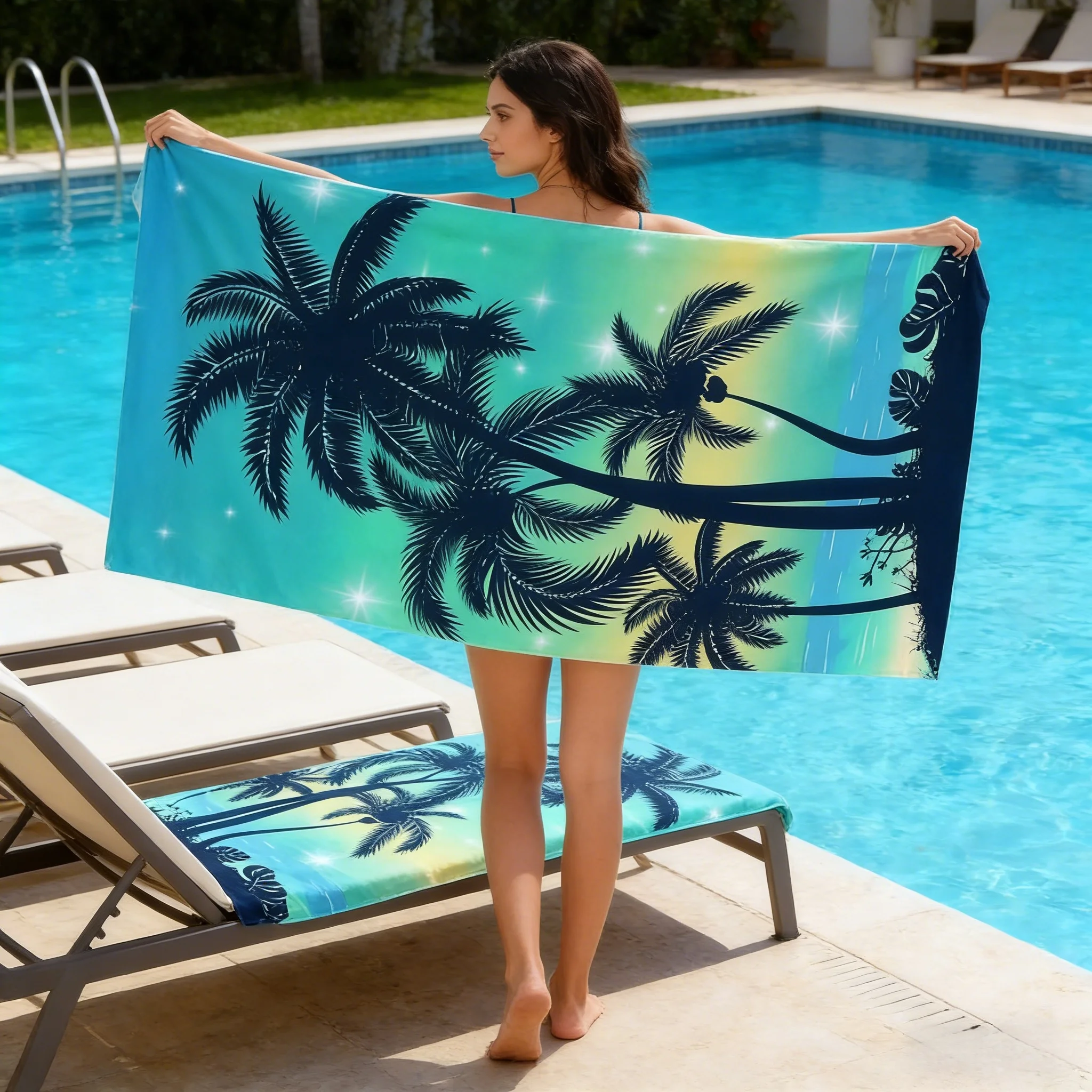 Palm Tree Print Sun Protection Quick Dry Beach Blanket Towel Windproof Anti-Sand Soft Skin Friendly Multi-Size for Swimming Pool