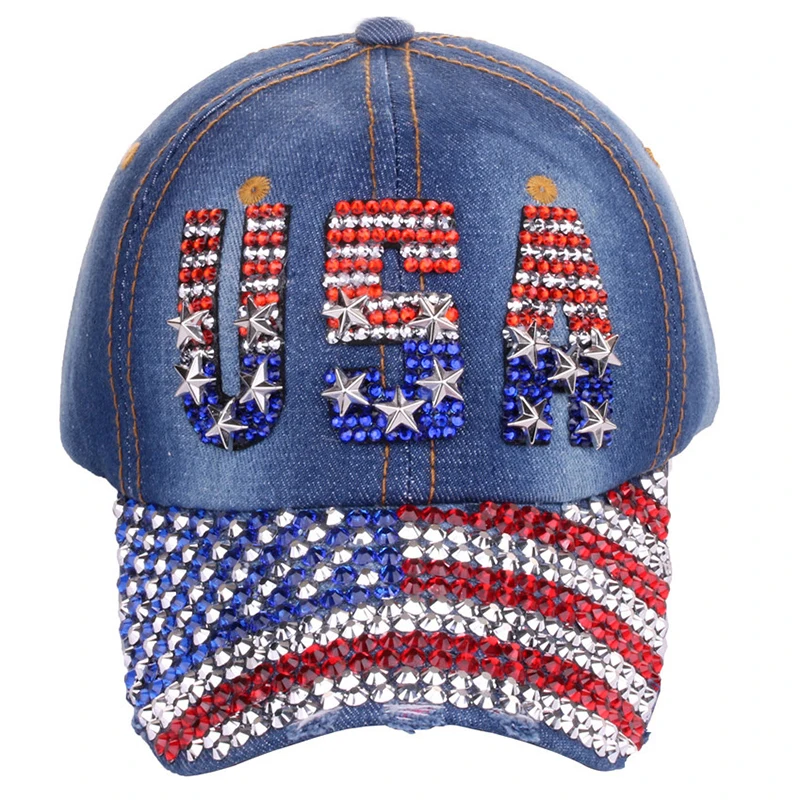 Adjustable Size 4th July Dad Hat USA American Flag Patriotic Baseball Cap Denim Distressed Rhinestone Bling Sparkle Hip Hop Hat