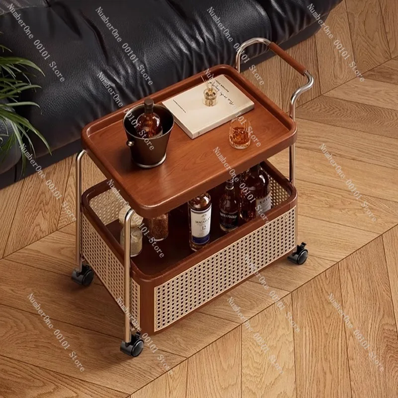 Vintage Solid Wood Rolling Side Table Storage Trolley Mid Century Rattan Woven Snack Cart Mobile End Table for Living Room Sofa
