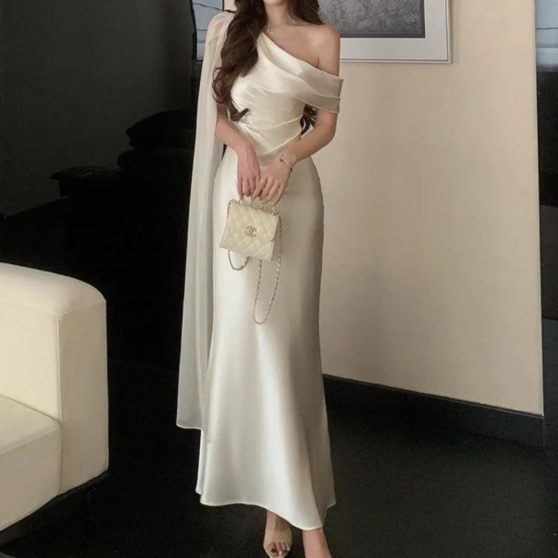 Olivegirl White Satin Sloping Shoulder Dress High-end French Ribbon Dress Elegant Goddess Waist Cinched Banquet Evening Dresses