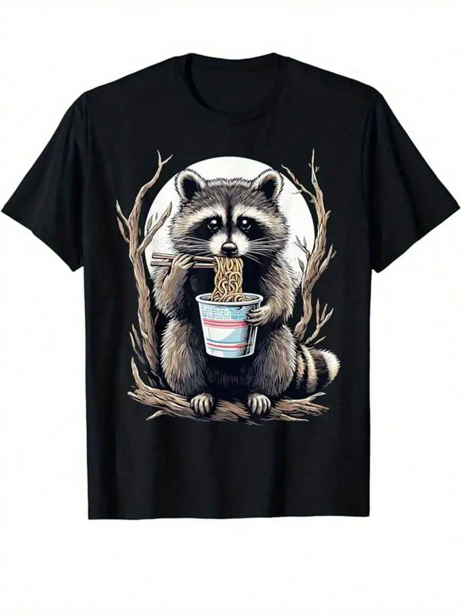 Men's Graphic T-Shirt, Crew Neck, Short Sleeve, Regular Fit, Geometric Raccoon Print, Knit Fabric, Medium Stretch, 100% Cotton