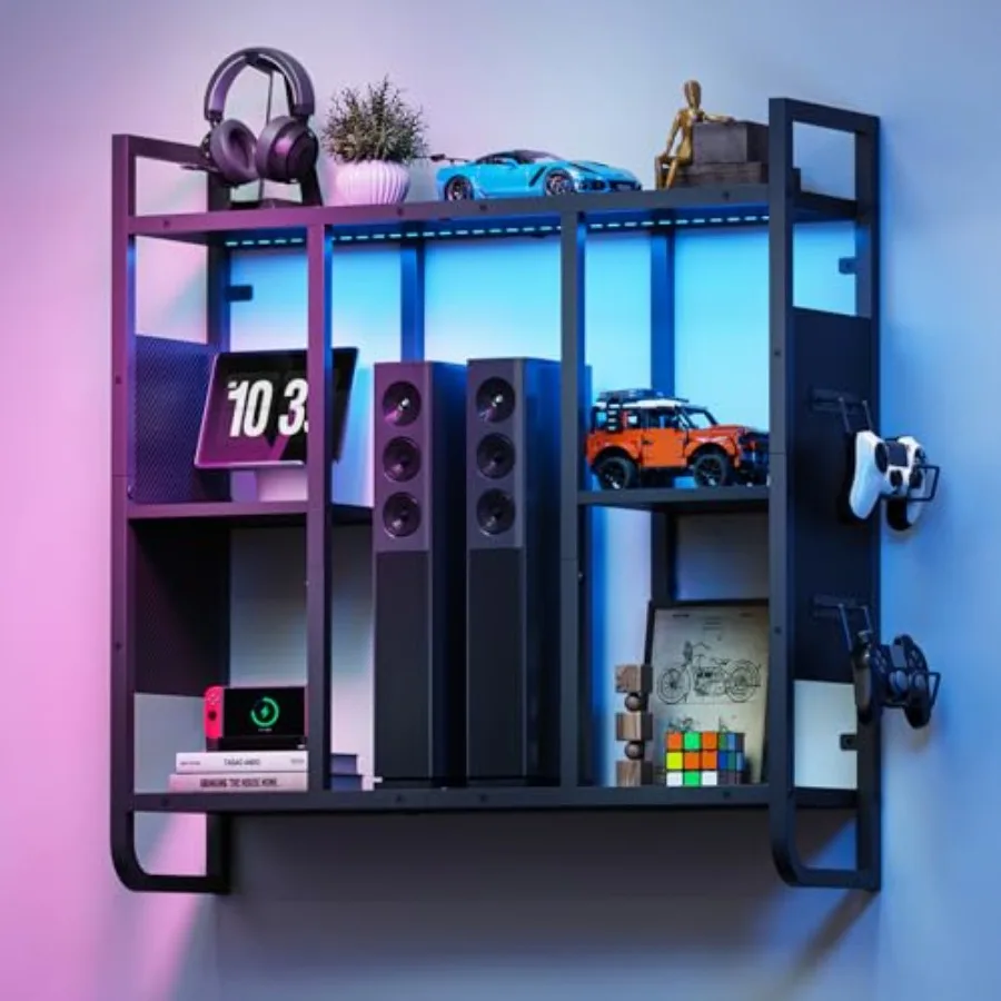 

LED Gaming Floating Shelves 3-Tier Wall Mounted Shelf for Wall Storage Pipe Shelves Hanging Display Rack with 2 Controller Hook