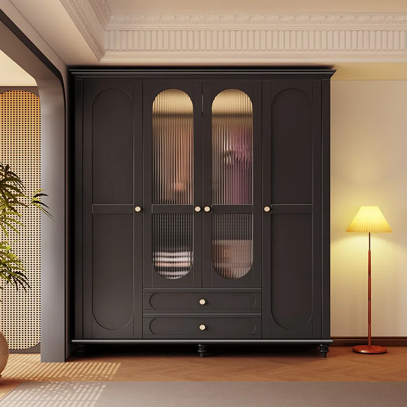 

French retro wardrobe solid wood home wardrobe four-door storage locker American black wardrobe