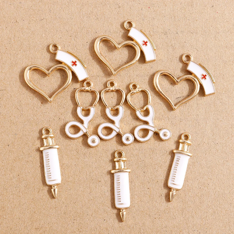 10pcs Doctor Medical Tool Charms Injection Syringe Stethoscope Pendants for Jewelry Making Earrings Necklaces DIY Craft Supplies