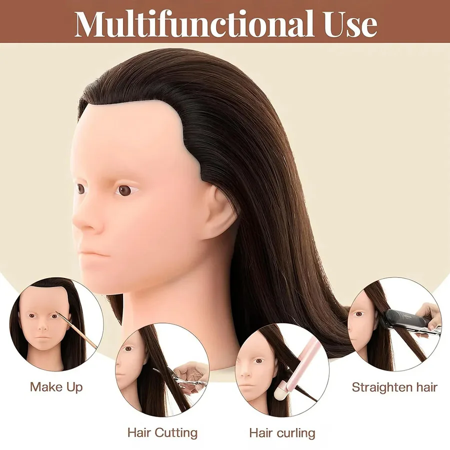 24 Inch Makeup Hair Mannequin Head with Synthetic Hair Cosmetology Practice Doll Braiding Hairdressing Head with TableClampStand