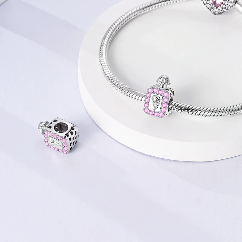 925 Silver Color Romantic Pink Crown Perfume Bottle Charms Beads Fit Pandora Original Bracelets DIY Jewelry Valentine's Day Gift