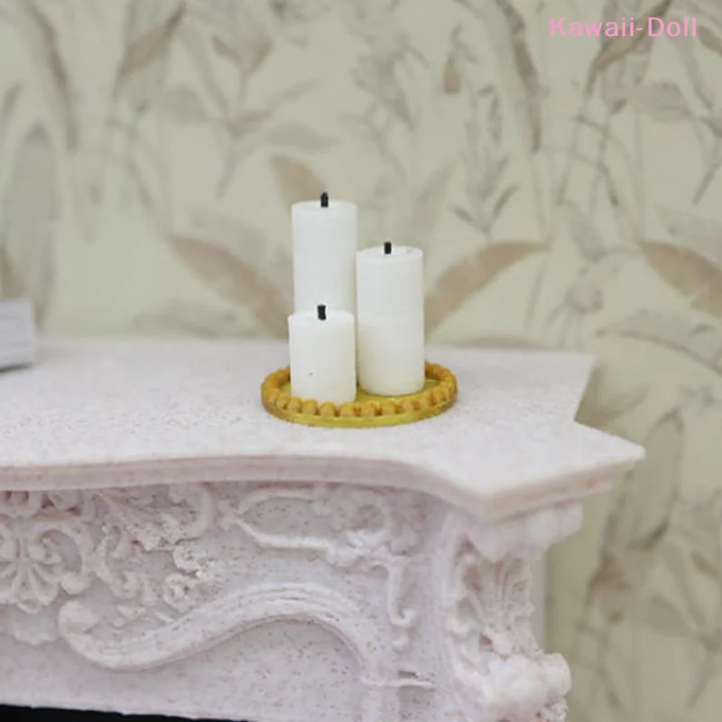 4Pcs 1:12 Dollhouse Mini White Candle Tray Set Lifelike Candles Miniature Accessories For Playhouse Roleplay Scene