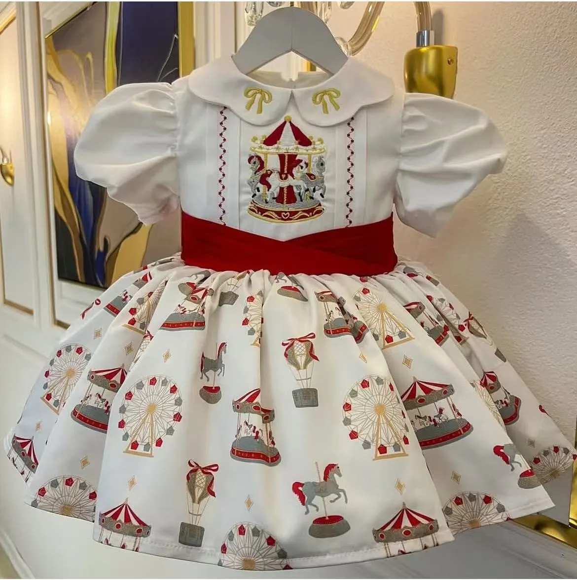 0-12Y Baby Girl Merry-go-round Embroidery Vintage Princess Dress for Holiday Photography Christmas  B127