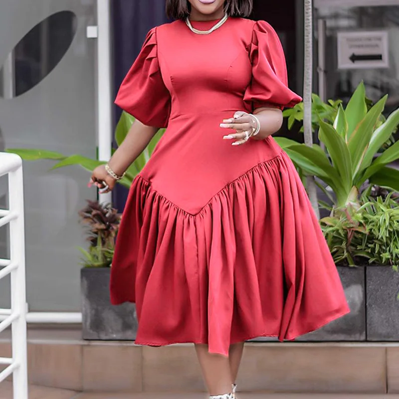Autumn Winter Solid Fashion Elegant Plus Size Mid-calf Dress Women Pleated Half Puff Sleeve Oversized Chic Vestidos De Fiesta