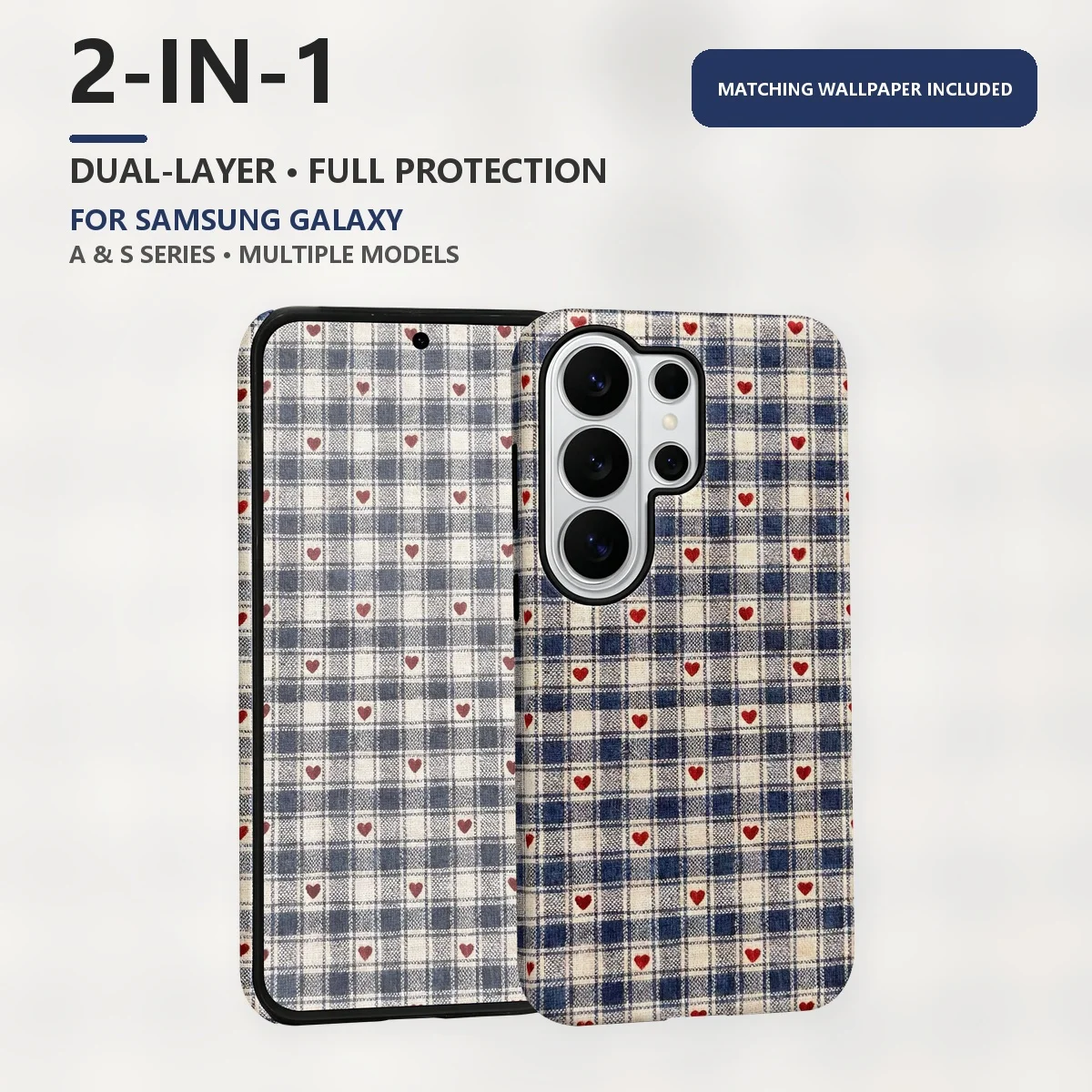 Blue Plaid Red Hearts 2-in-1 Dual-Layer Phone Case for Samsung Galaxy S26 S25 S24 Plus Ultra FE S20 FE A56 A17 A16 A15