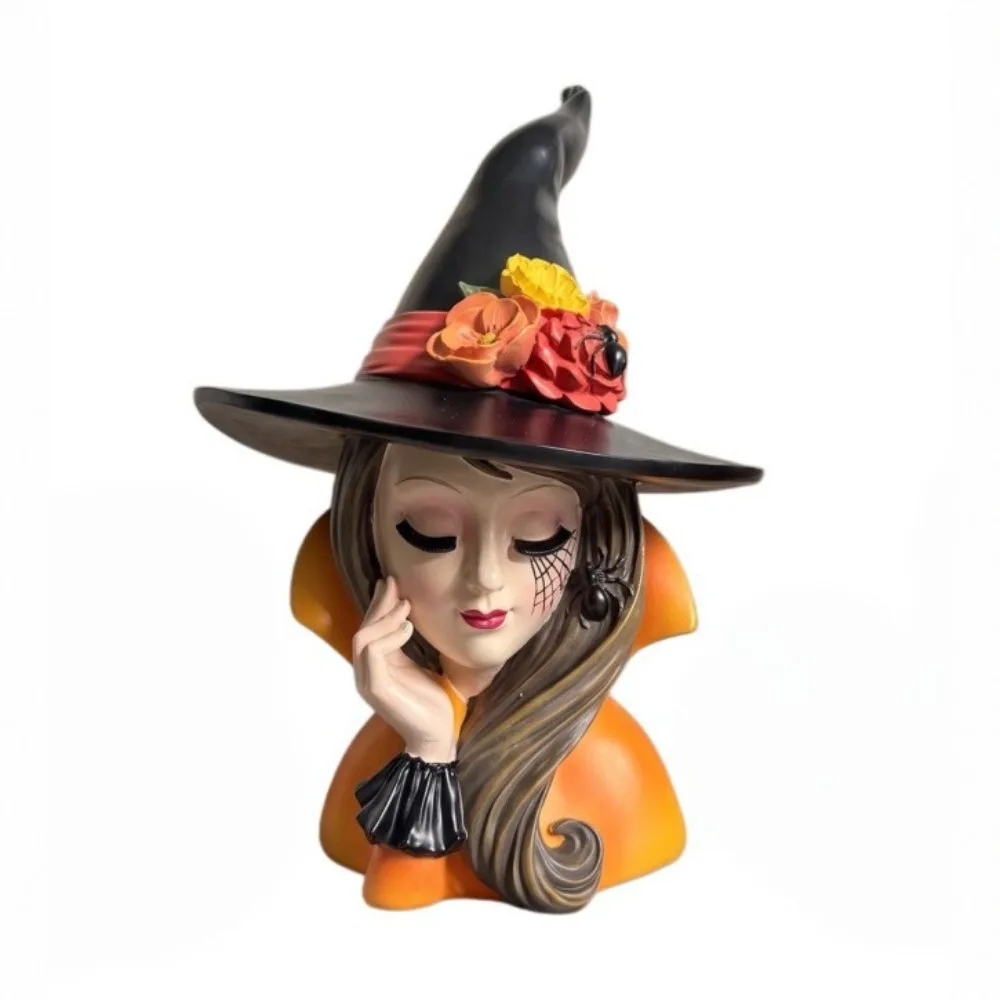 Christmas Resin Witch Avatar Ornament Halloween Decoration Desktop Craft Orange Long Haired Wizard Hat Design