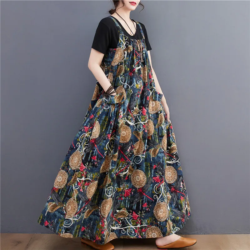 5094 Summer Fashion Ethnic Style Floral Printed Long Dress Loose Casual Large Swing Women Mom Daily Pullover Suspender Skirts