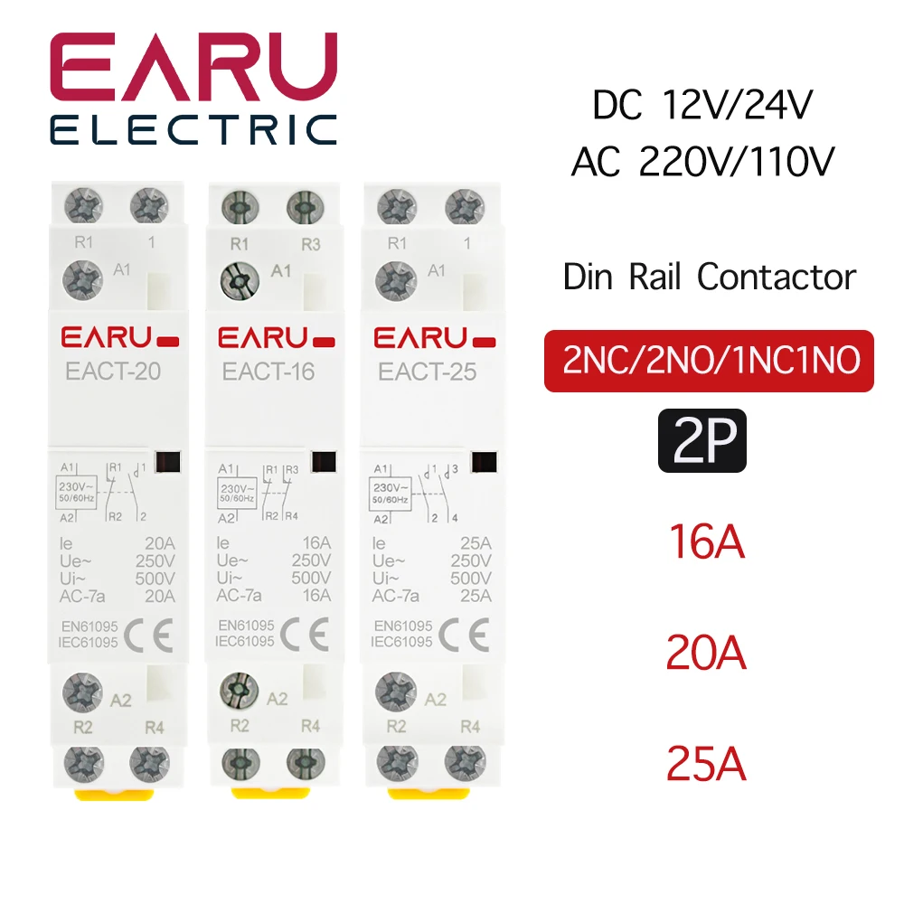 2P AC 220V 230V 16A/20A/25A/ 1NO/1NC 2NO/2NC 50/60Hz Din Rail Mounted Household Modular AC Contactor for Smart Home House Hotel