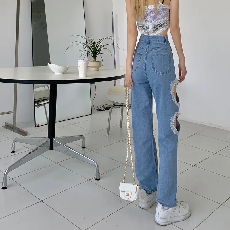 Sweet Heart Hollow Out Lace Stitching Ripped Wide Leg Jeans Korean Asymmetric Womens Denim Pants Kawaii Cute High Waist Trousers