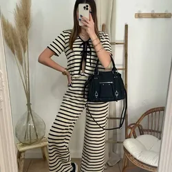 2024 Summer New Fashion Women's Elegant Design with European and American Style Stripe Knitted Short Sleeve Set