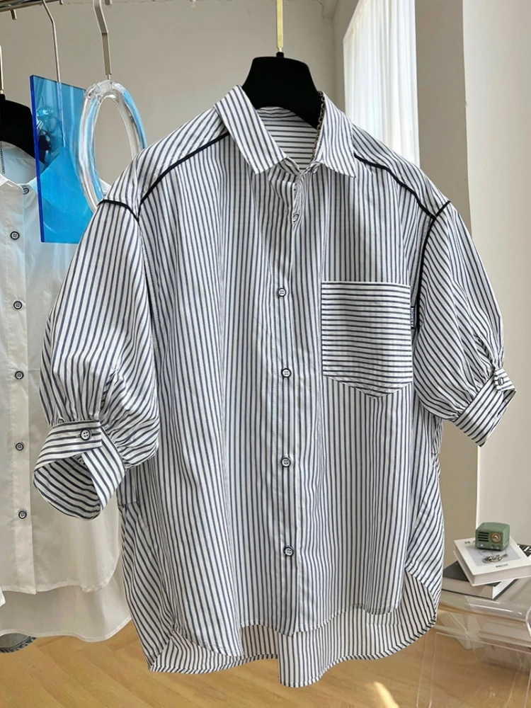 Elegant Unique Niche Design Woman Blouses Women\'s Clothing Spring 2024 Vertical Stripe Shirt Short Sleeve Blouse Casual Top