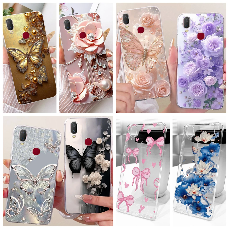 ل Vivo Y11 2019 Y12i / Vivo 1906 Y 11 جراب هاتف ملون فراشة زهرة المرأة جرلي لينة سيليكون غلاف واضح الغطاء الخلفي