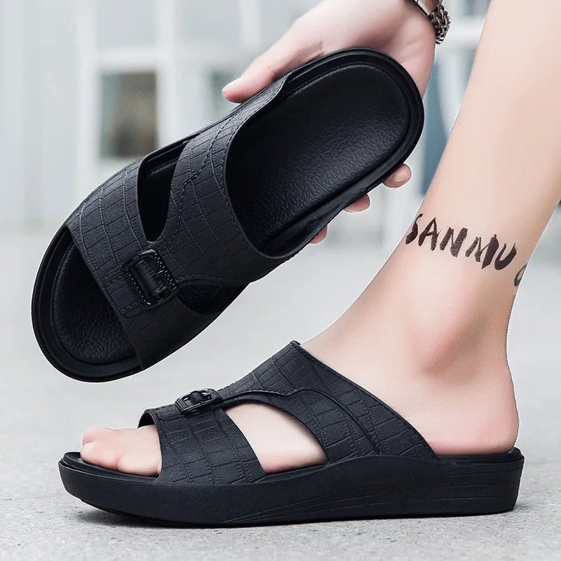 Fashion Platform Slippers for Men Shoes Summer Slip-on Open-toe Mens Beach Shoes Hot Selling Wear-resistant Male Casual Slippers