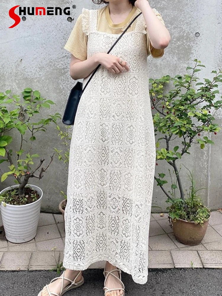 

Japanese Style Hollow Out Lace Tassel Back Strap Sleeveless Square Collar Loose Waist Casual Dress Long Dress for Women