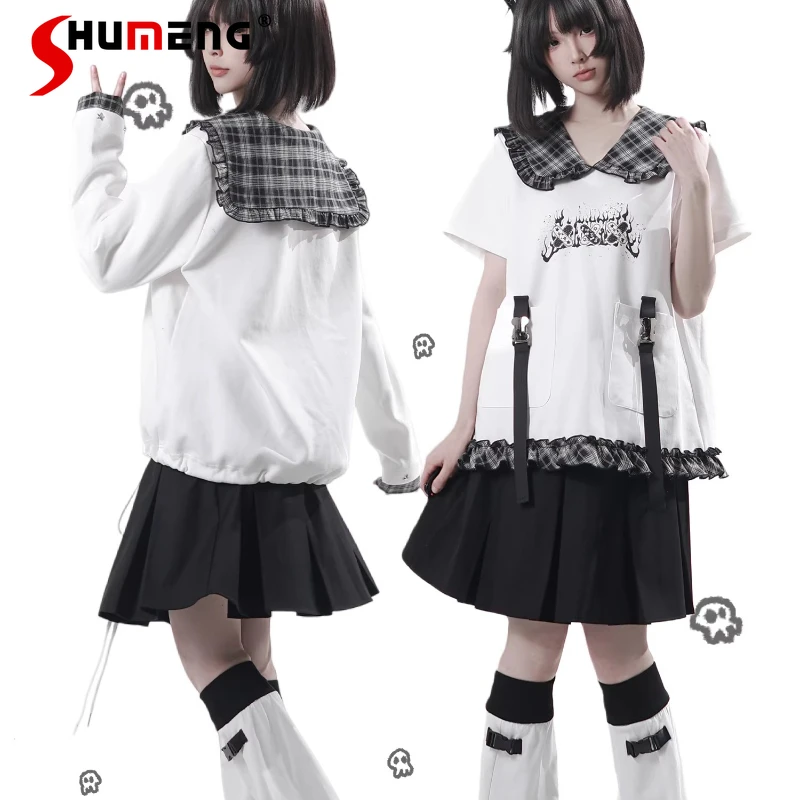 

Japanese College Style Lapel Collar Plaid Splicing Design Sense Thin Casual T-shirt Top Black Long Trousers Kawaii Clothes Tees