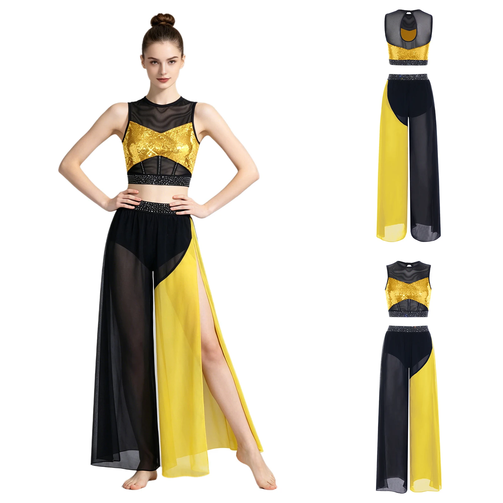 Women Sequin Rhinestone Crop Top Modern Lyrical Dance with Mesh Wide Leg Pants for Skating Gymnastics Acrobatics Performance