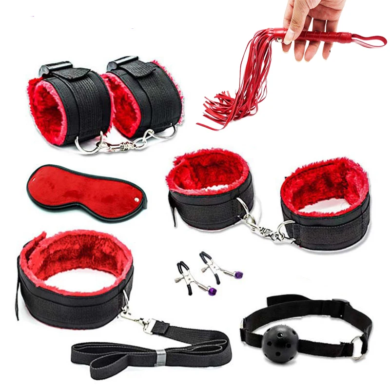 7 Stück Set exotische Bett rückhalt Nylon pelzige Handschellen Fußfesseln Kragen Seil Augenbinde Peitsche Mund knebel BDSM Sexspielzeug Paare