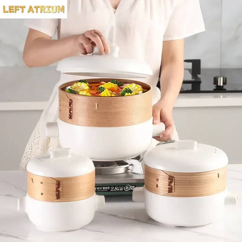 Japanese Style Steamer Casserole With Steamer Drawer Soup Pot Stew Pot Bamboo Multilayer Hotel Household Ceramic Casserole