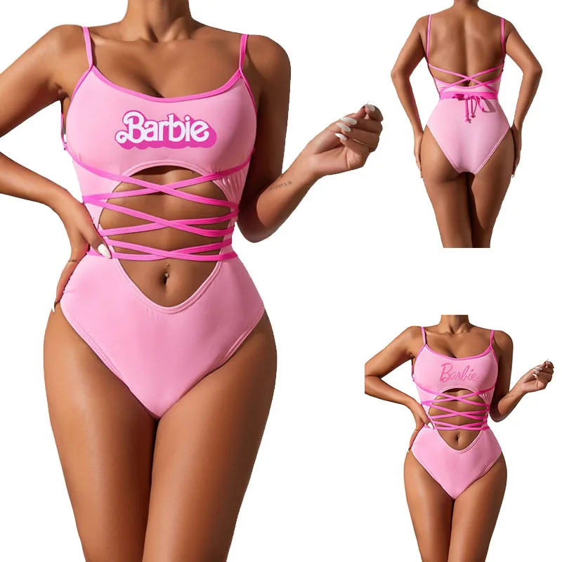 

Cartoon Sexy Contrast Color Barbie One-Piece Swimsuit Fashionable Versatile Suspender Backless Hollow Bikini Swimsuit for Women