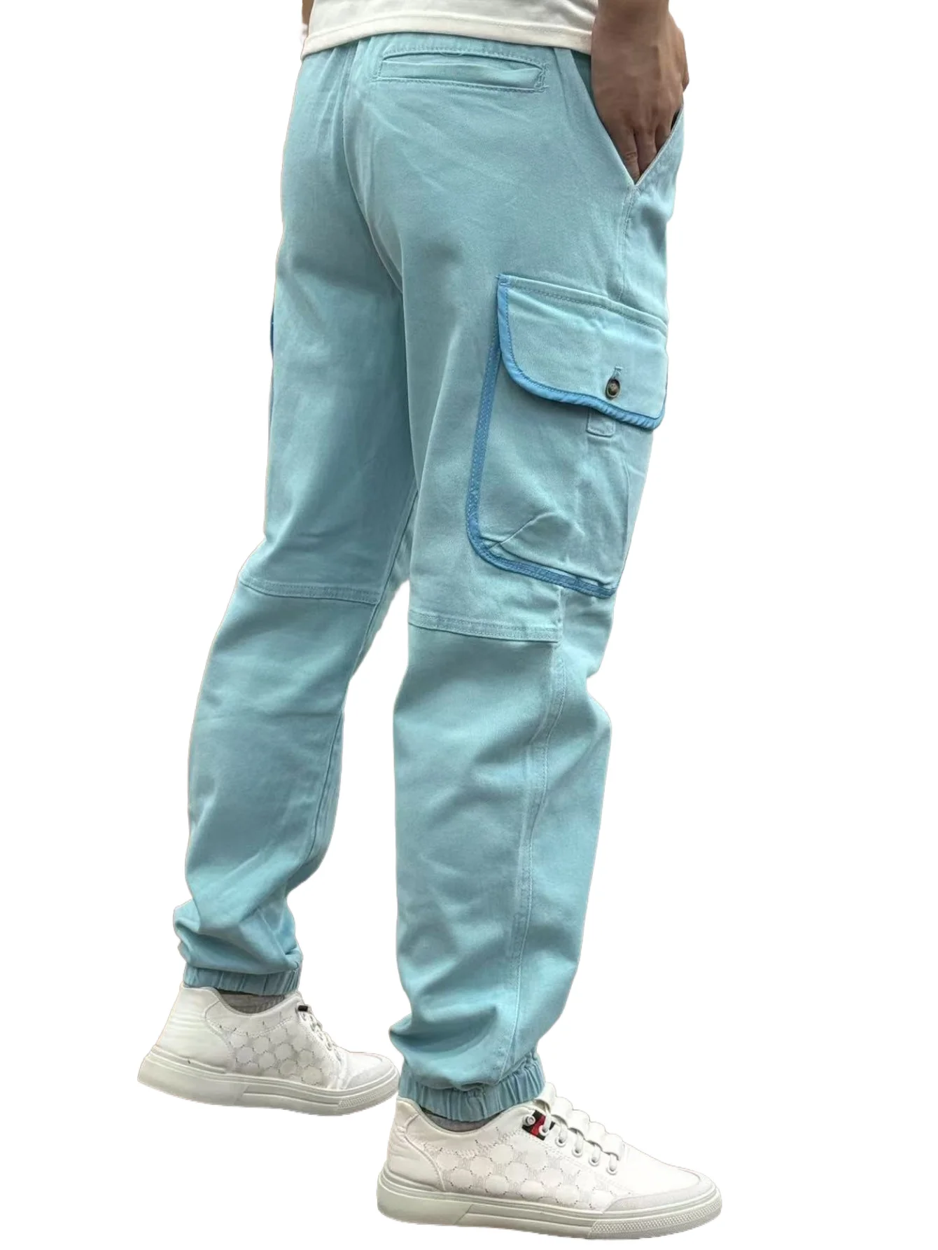 กางเกงยีนส์ผู้ชาย KING JEANS เอวยางยืดพร้อมเชือกรูดรัดขา ดีไซน์กระเป๋าหลายช่อง สไตล์ฮิปฮอปและมอเตอร์ไซค์