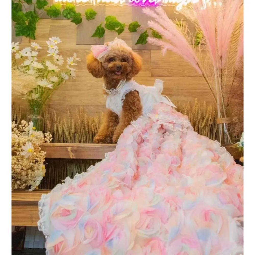 

Handmade Cat Dog Wedding Dress,Pet Long Trailing Gown Luxury,Dog Princess Costume, Puppy Birthday Outfit,3D flowers Custom ETSY