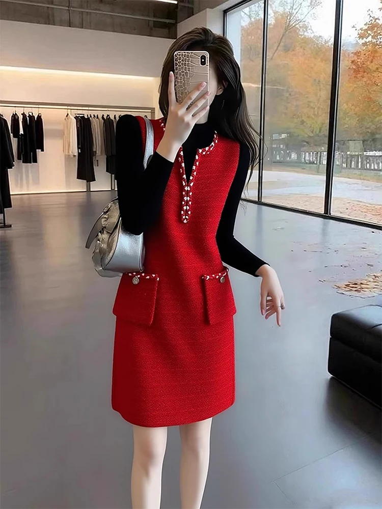 

Red Vest Short Skirt Set Women's Fashionable Autumn Winter Casual Style High Waist Básic Top Bottoms Full Set Thousand Gold Wind