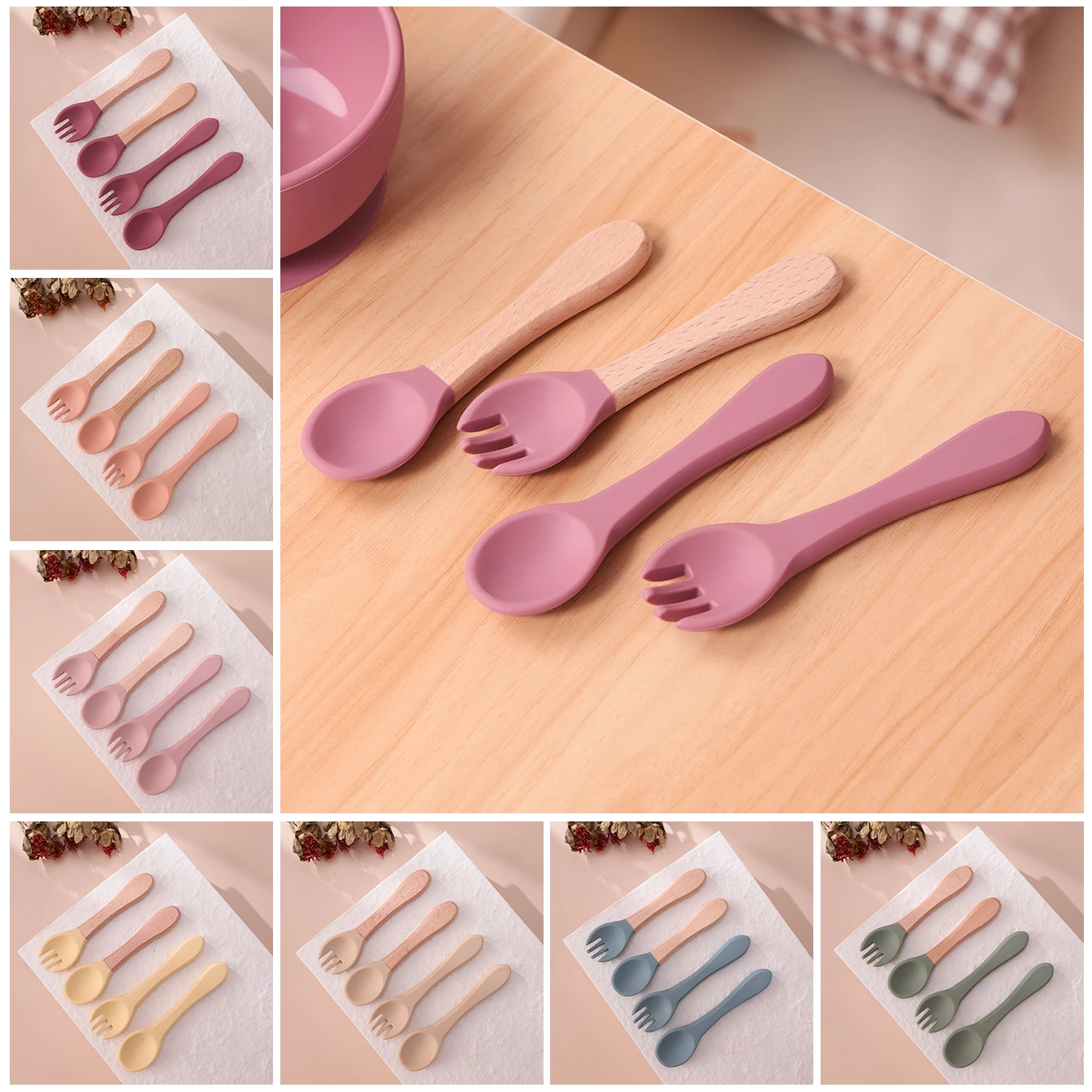 Color Kids 4PCS Silicone Baby Feeding Spoon Fork Set BPA Free Wood Handle Training Utensils For Infants Newborn Accessories