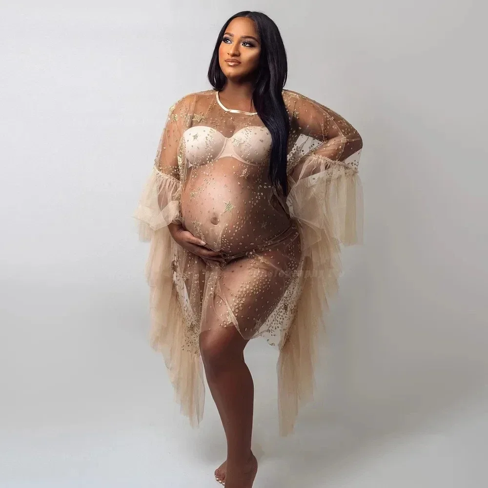 Sexy Golden Star Tulle Maternity Photography Prop Dresses Flare Sleeve See Through Pregnant Women Pregnancy Photo Shooting Dress