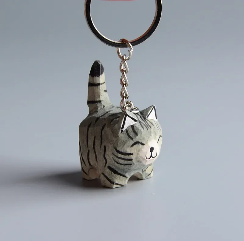 

Creative Wooden Cat Keychain Anime Handmade Custom Wood Carving Animal Key Chain Orange Gray Keyring Decoration Backpack Pendant